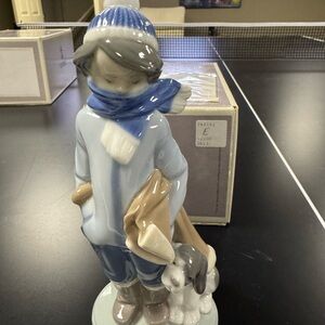 Lladro Winter Boy Figurine with Dog - Blue and White